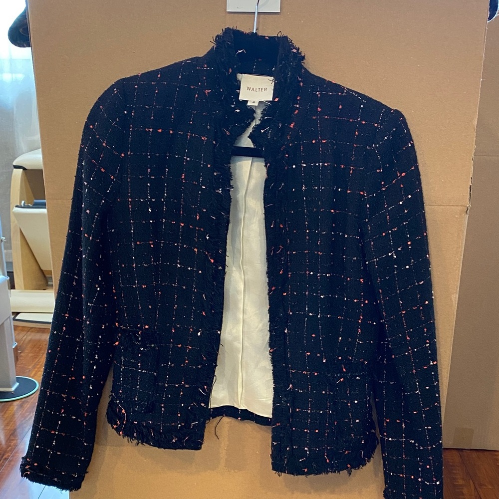 WALTER Black Tweed Fringe Open-Front Jacket with Pink Threading